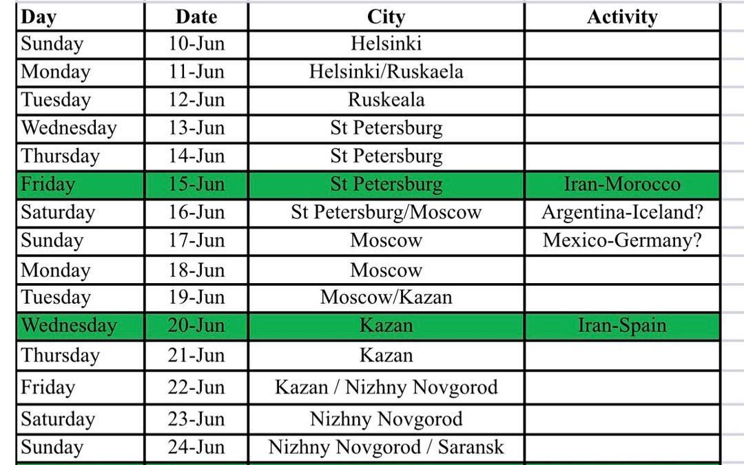 What an amazing moment! Mapping out my itinerary for the World Cup! The green meant we had tickets in hand! All of the Iran games were AMAZING I traveled with my father Azim, and my two iranian born cousins, Shaahin and Aydin (their first World Cup!) They moved to LA from Tehran when they were 12! This was one of the best experiences of our lives ! Let’s goooo