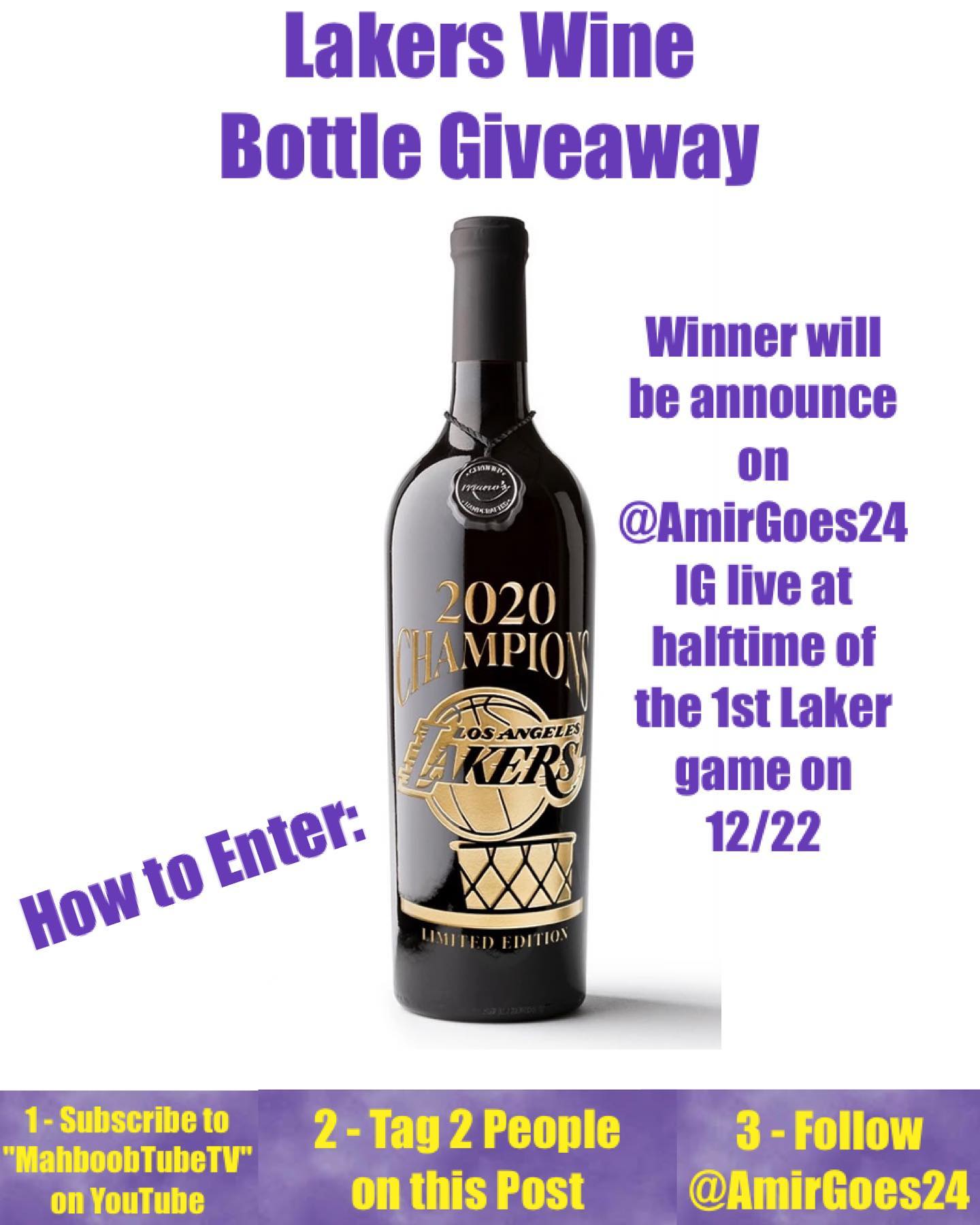 ⁣Happy 14th my Birthdayversary and our monthly Giveaway is announced! Every 14th of the month! In order to celebrate the Championship this one is for my Lakers Peoples! What a year it's been! So I'll be giving away a @manoswine Lakers Edition 2020 Championship bottle! Hers how to enter: (1) Subscribe to MahboobTubeTV on YouTube (2) Tag 2 people on this Post (3) Follow AmirGoes24 on IG! Do all 3 and you are entered! Drawing will be at halftime of the Lakers 1st season Game , 12/22, right here on my IG live 
.⁣
.⁣
.⁣
.⁣
.⁣