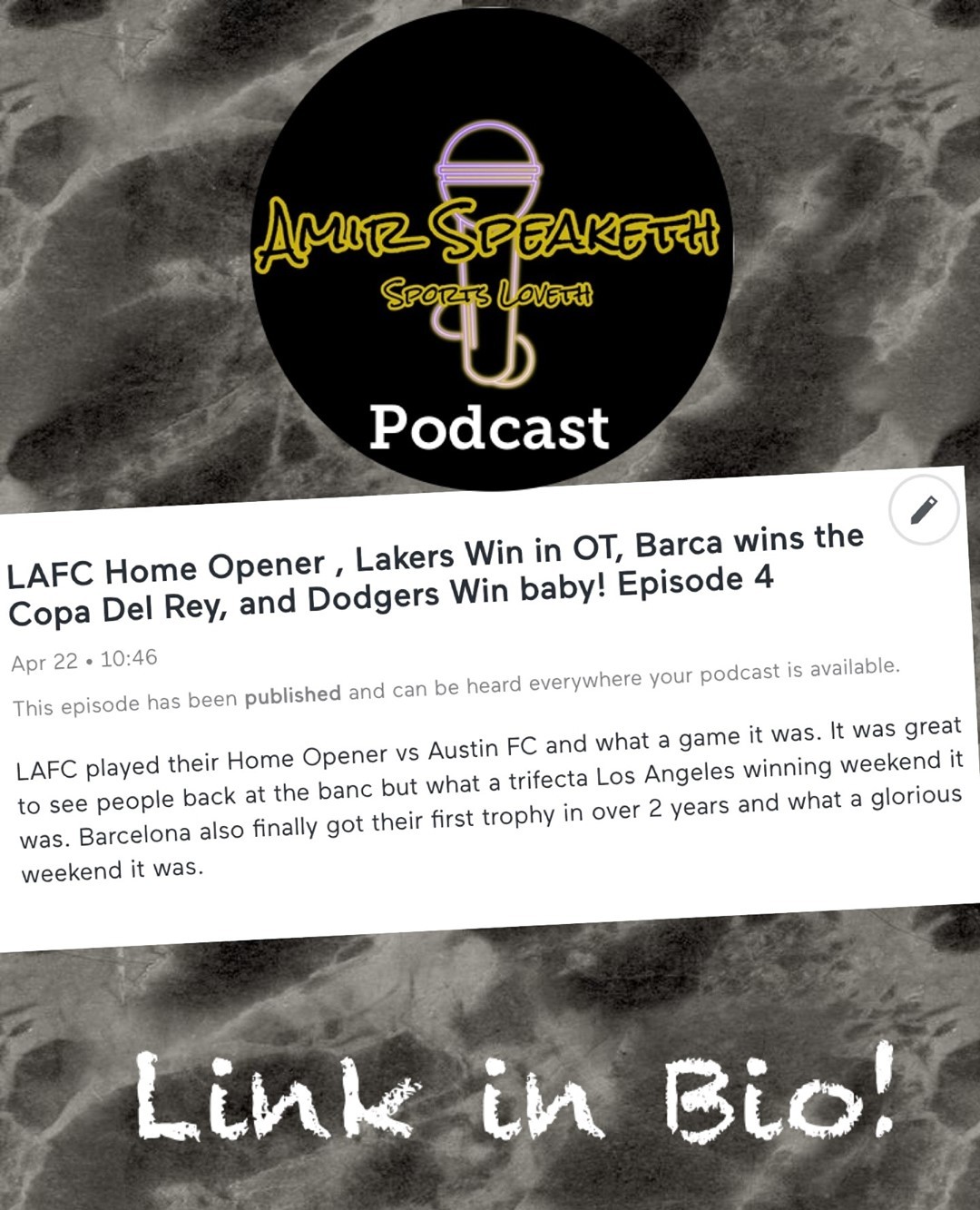 What a Los Angeles Winning Weekend! Hopefully this weekend will be the Same! If you haven't yet, I would love to invite you to check out my Recap of the LAFC home opener on my new podcast, "Amir Speaketh, Sports Loveth"...LINK IN BIO! I also ever so slightly touched on the Lakers win in OT, the Dodgers, and the Amirfecta, a Barca win in the Copa Del Rey Final! shhheeeck it out! It's a short one but a good one 🙂 More coming soon! Now on Spotify and Anchor.fm⁠
.⁠
.⁠
.⁠
allclub
